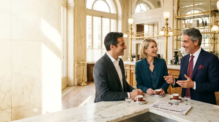 Italienische MItarbeiter eines Unternehmens unterhalten sich mit Ihrer deutschen Chefin beim Espresso in einer Bar
