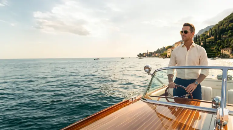 Ein erfolgreicher Unternehmer steuert seine Yacht vor der iralienischen Küste
