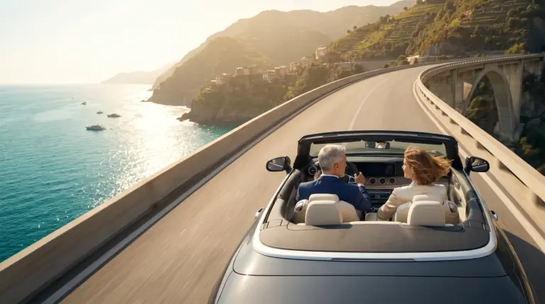 Ein deutsches Unternehmerehepaar fährt mit einem Sportwagen zum in Italien gegründeten Unternehmen